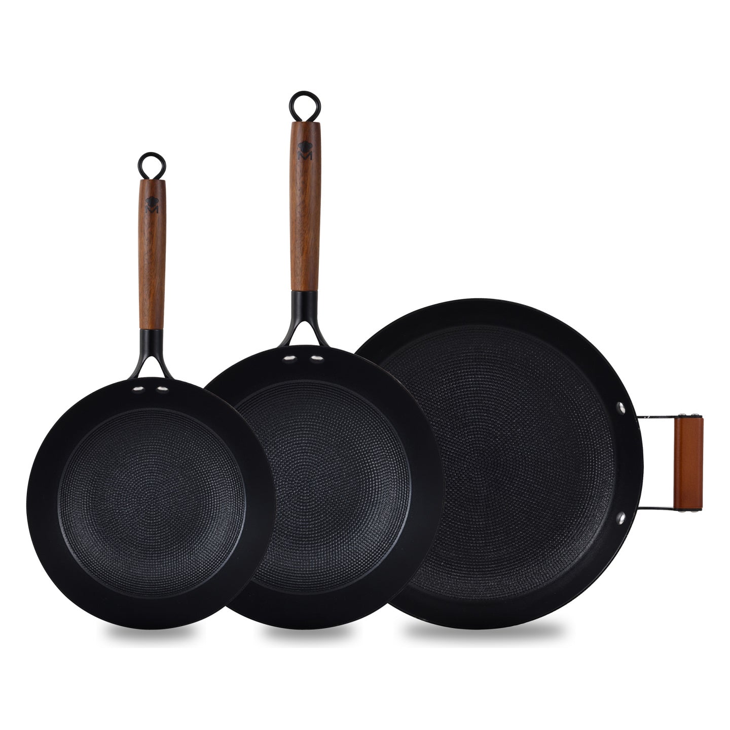 Juego de 2 sartenes de 20 y 24 cm y asador redondo de 32 cm de MasterPRO de hierro prensado - Odin