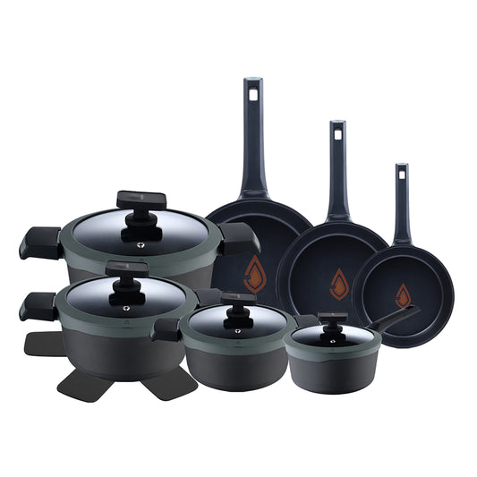 SET 11 PZS SARTENES 20, 24 Y 28 CM + CACEROLAS 20, 24 y 28 cm + CAZO 16 CM ALUMINIO FUNDIDO IND CON TAPA GASTRO REECO MP