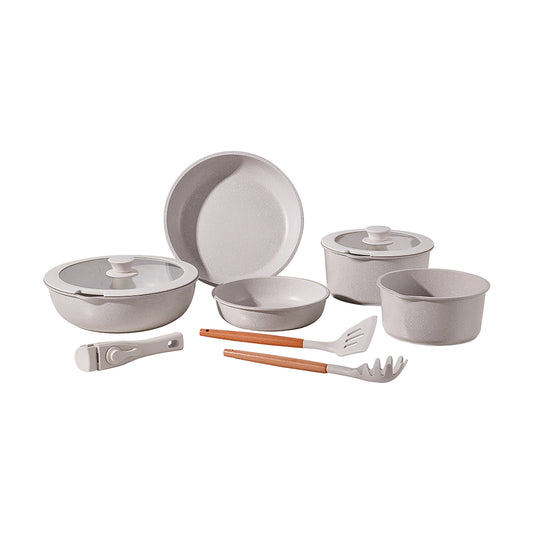 SET 10 PZS BATERIA DE COCINA: 2 SARTEN (20CM + 26CM) + 2 CAZO (18CM + 20CM) + 1 SARTEN HONDA (26CM) + 1 MANGO DESMONTABLE + 2 TAPA (20 + 26CM) + 2 UTENSILIOS ALU FUNDIDO IND BEIGE EASY CLICK BG