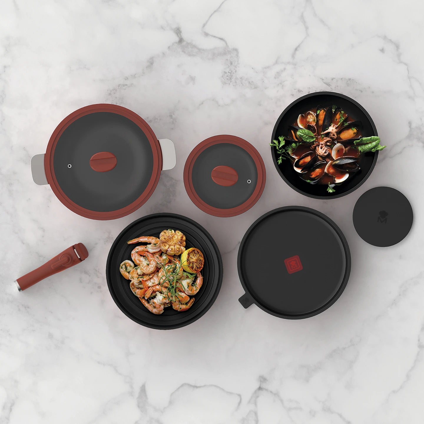 Batería de cocina de 10 piezas MasterPRO apilable con Thermo Control - Share & Play - Red