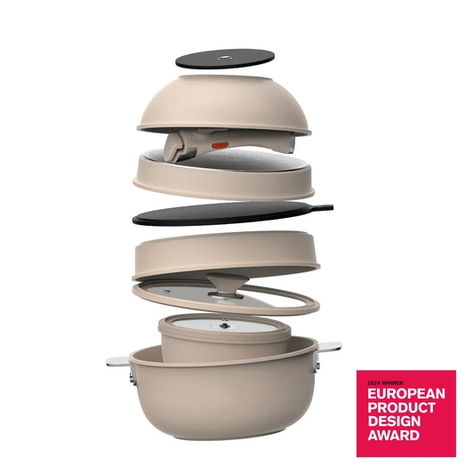 Batería de cocina de 10 piezas MasterPRO apilable de aluminio fundido - Share & Play - Beige