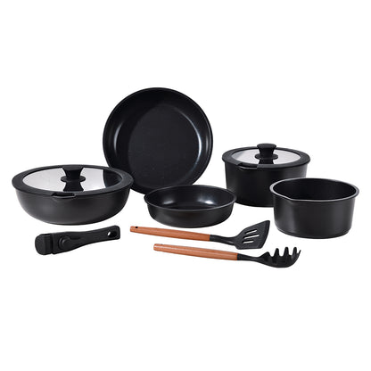 SET 10 PZS BATERIA DE COCINA: 2 SARTEN (20CM + 26CM) + 2 CAZO (18CM + 20CM) + 1 SARTEN HONDA (26CM) + 1 MANGO DESMONTABLE + 2 TAPA (20 + 26CM) + 2 UTENSILIOS ALU FUNDIDO IND NEGRO EASY CLICK BG