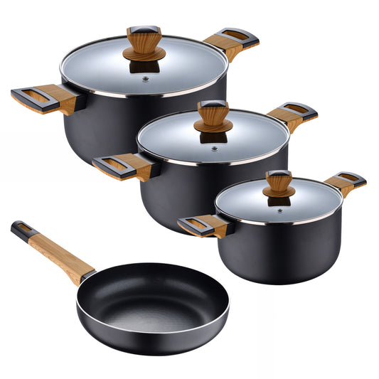 Batería de cocina Bergner de 3 cacerolas con tapa, 1 cazo y 1 sartén de aluminio prensado - Earth Black