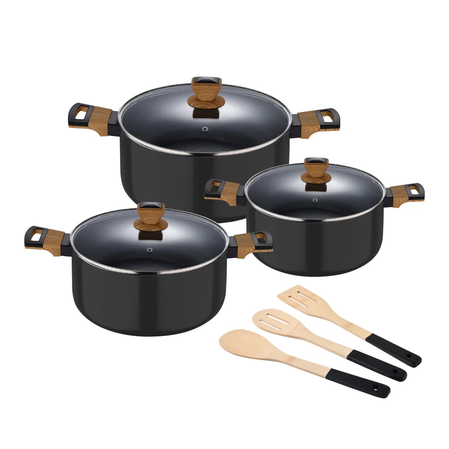 Batería de cocina de 20, 24 y 28 cm y 3 utensilios de madera de cocina Bergner - Earth Black