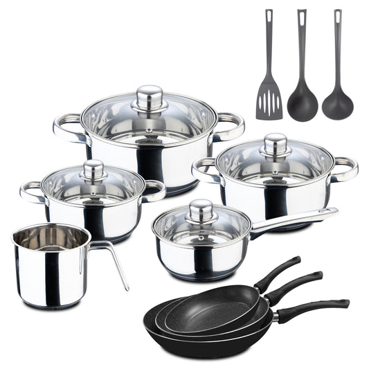 Batería de cocina de 4 cacerolas con tapa y 1 cazo de acero inoxidable, 3 sartenes de aluminio prensadoy 3 utensilios de cocina San Ignacio