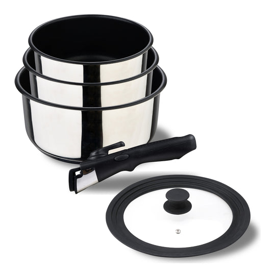 Juego de 3 cazos y 1 tapa universal Bergner de acero inoxidable - Click & Cook Save space & money