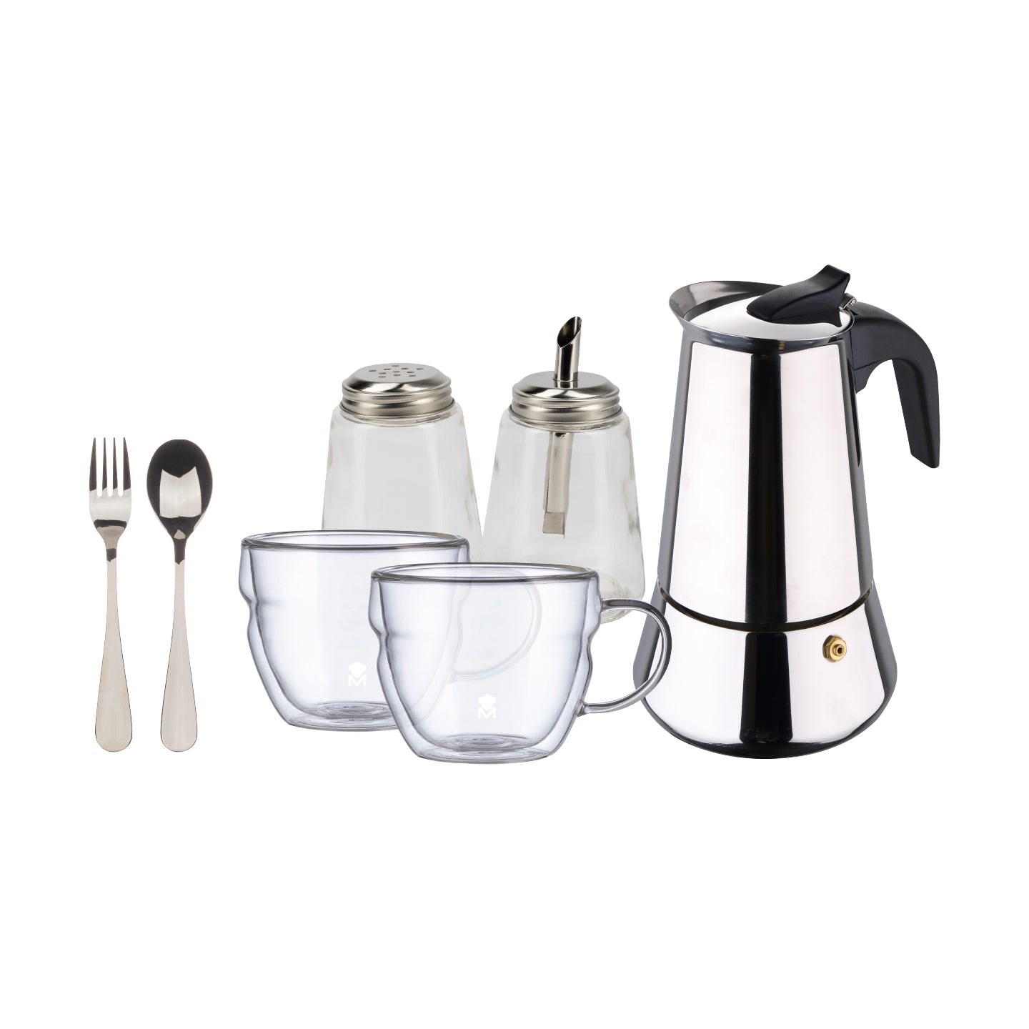 Juego de cafetera, cucharillas, azucarero y tazas Bergner