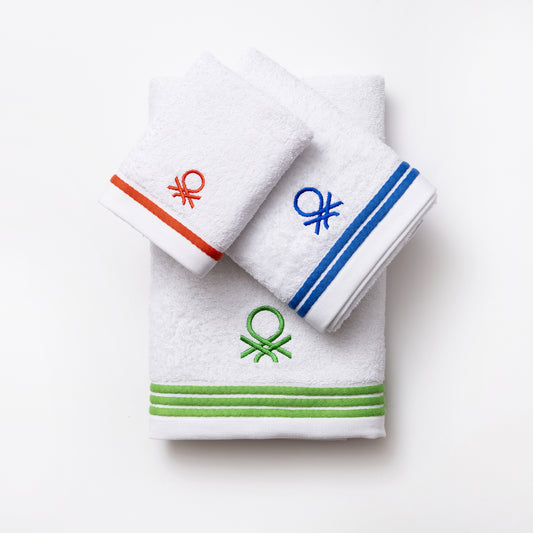 Juego de 3 toallas de baño Benetton blanco con rayas 100% Algodón