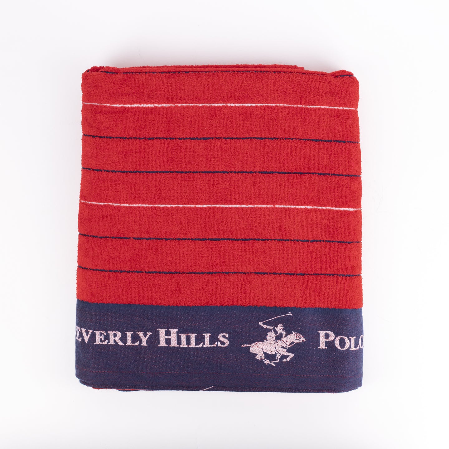 TOALLA DE PLAYA ROJA 90X160 CON RAYAS AZULES POLO CLUB