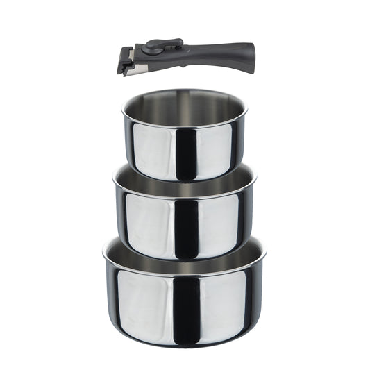 SET 4  CACEROLA: 3 CACEROLA (16X8 + 18X9 + 20X10CM) + 1 MANGO DESMONTABLE ACERO INOX NEGRO CLICK&COOK BG