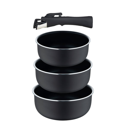 SET 3 PZS CAZO (16 + 18 + 20CM) ALU PRENSADO IND NEGRO C/ MANGO DESMONTABLE CLICK&COOK BG