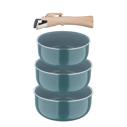 SET 3 CAZO (16 + 18 + 20CM) ALU PRENSADO IND VERDE C/ MANGO DESMONTABLE CLICK&COOK BG