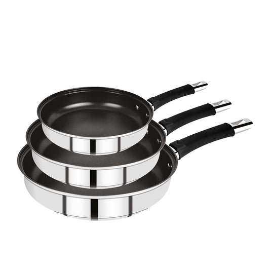 JUEGO DE 3 PZS (18 + 20 + 24 CM) SARTEN ACERO INOX IND C/ MANGO SILICONA ALENA BG