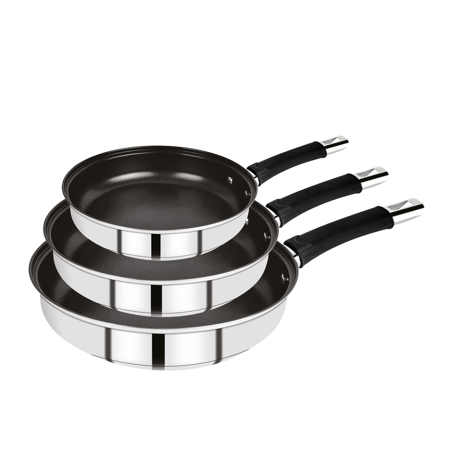 JUEGO DE 3 PZS (18 + 20 + 24 CM) SARTEN ACERO INOX IND C/ MANGO SILICONA ALENA BG
