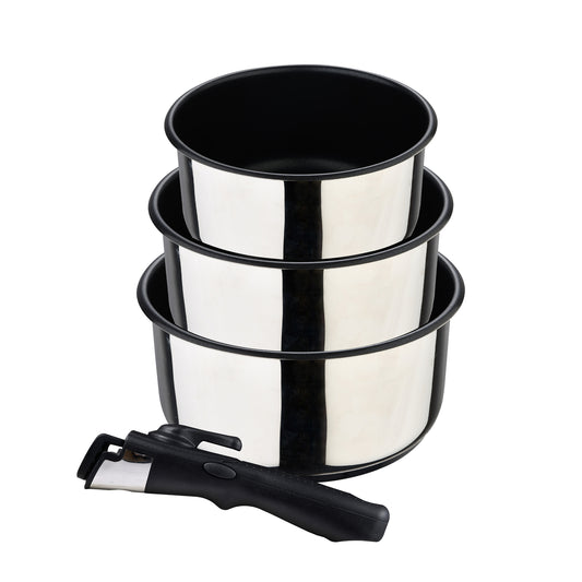 Set 3 Cazos con mango extraíble de acero inoxidable Bergner de 16, 18 y 20 cm - Click & cook