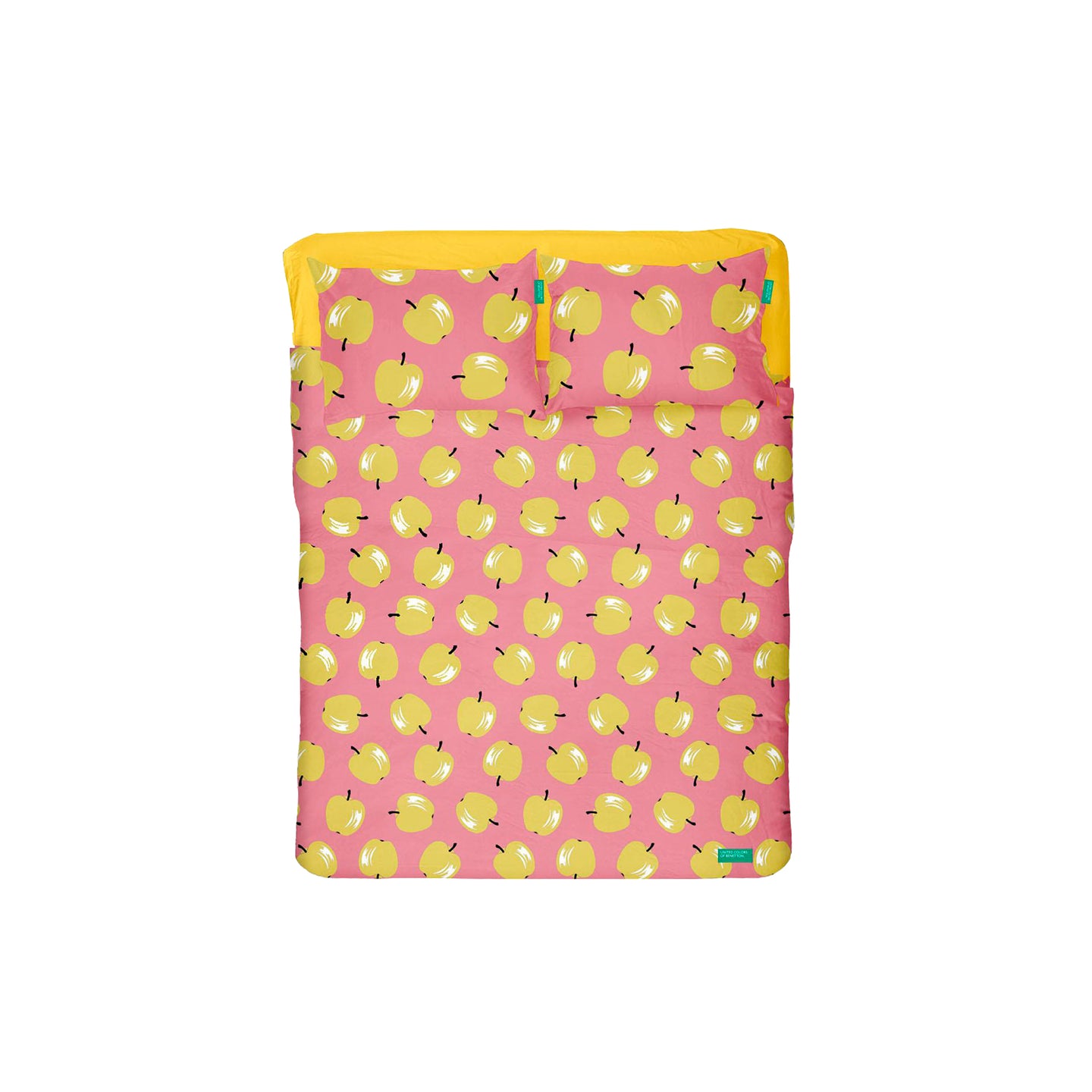 SET DE SABANAS 4PCS CAMA DOBLE+: SABANA ENCIMERA (240X290CM W/SIMPLE HEM 5CM) + SABANA BAJERA (175X200+25CM FLAP) + 2 FUNDAS DE ALMOHADA (50X80CM) 144TC 100% ALGODON ROSA CON MANZANAS AMARILLAS MEDIDA ESPAÑA - PORTUGAL BENETTON FRUITS BE