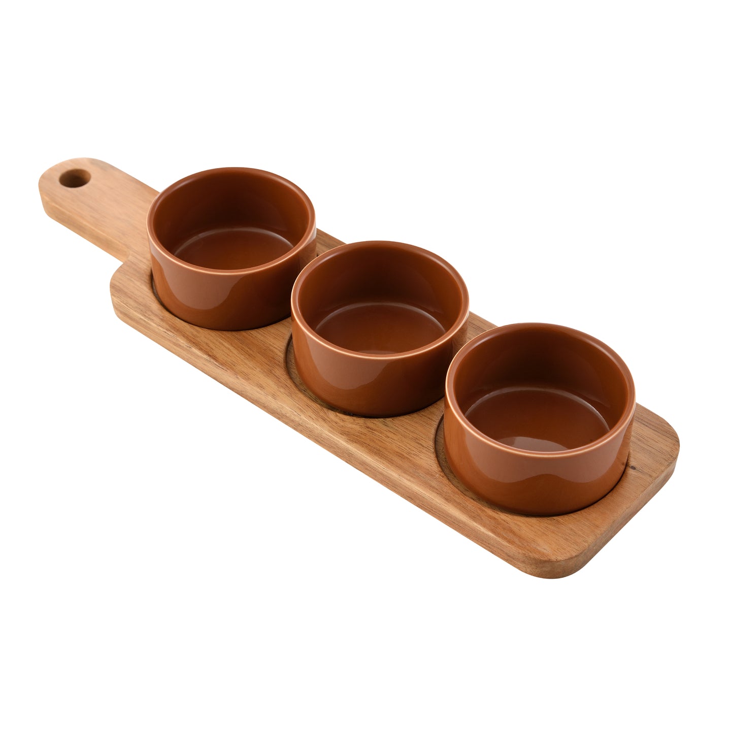 JUEGO DE 4 PZS (3 PZS CUENCOS DE SERVIR PORCELANA + 1 PZ BANDEJA MADERA ACACIA) AGROS SG