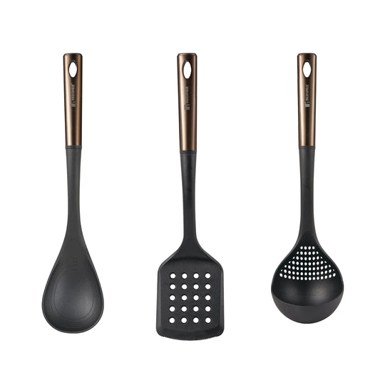 SET 3PZS UTENSILIOS DE COCINA: ESPATULA RANURADA + CUCHARA + CUCHARON PBT NEGRO + COBRE COPPER BG